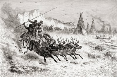 Samoyeds from Caborova on a Sleigh Pulled by Reindeer, 1878 by Edouard Riou
